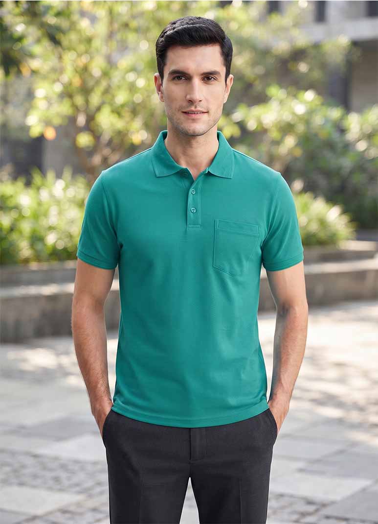 Men's teal cotton polo t-shirt with chest pocket