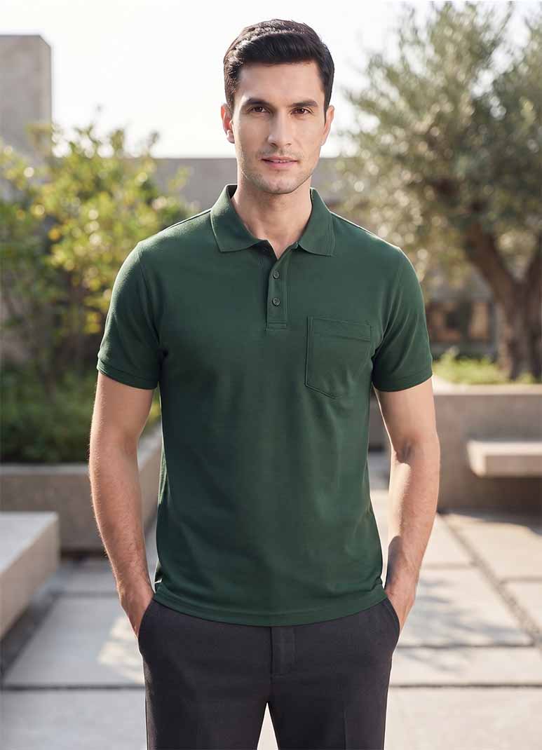 Men's bottle green cotton polo t-shirt with chest pocket