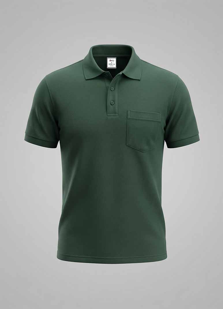 Men's bottle green cotton polo t-shirt with chest pocket