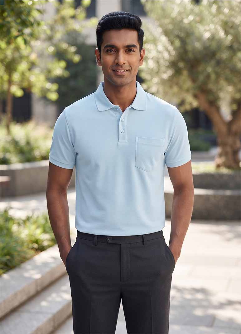 Men's sky blue cotton polo t-shirt with chest pocket