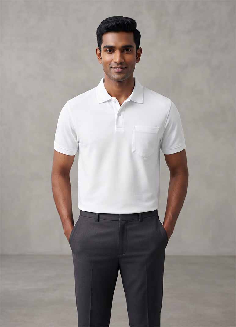 Men's white cotton polo t-shirt with chest pocket
