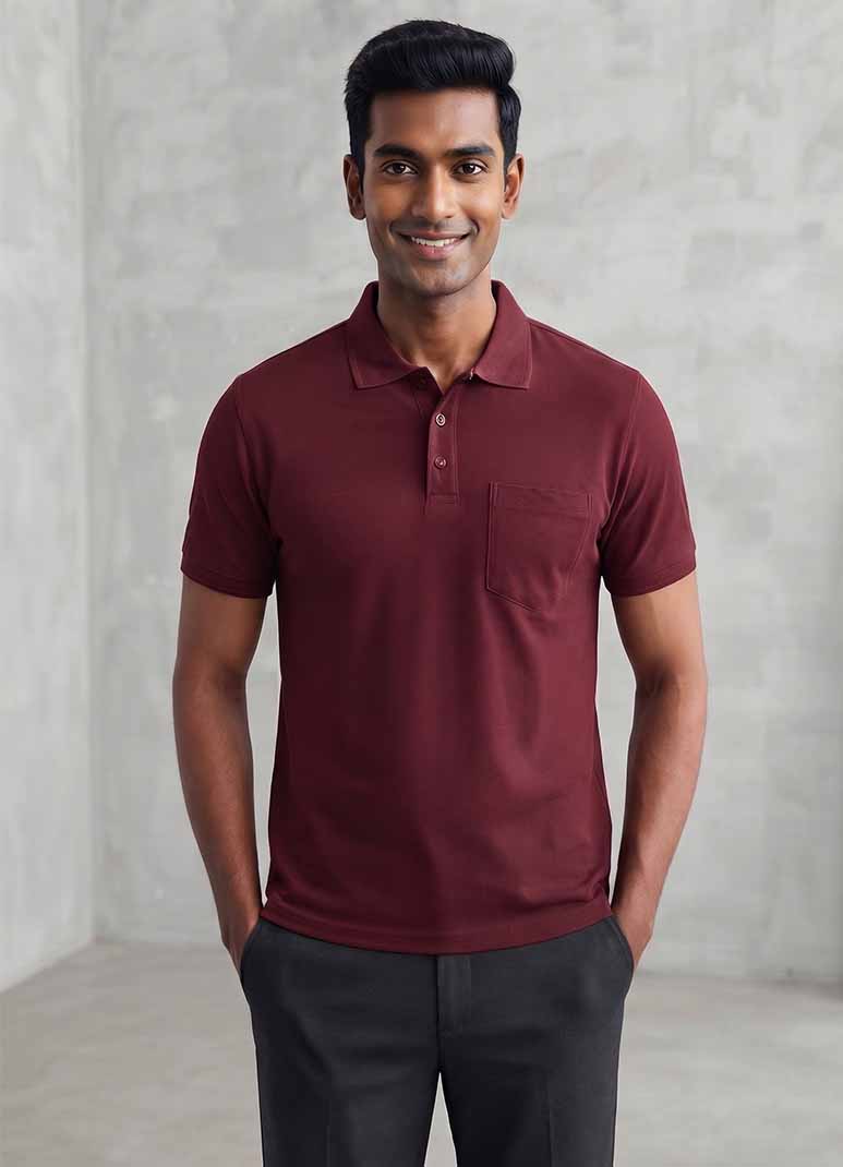 Men's maroon cotton polo t-shirt with chest pocket