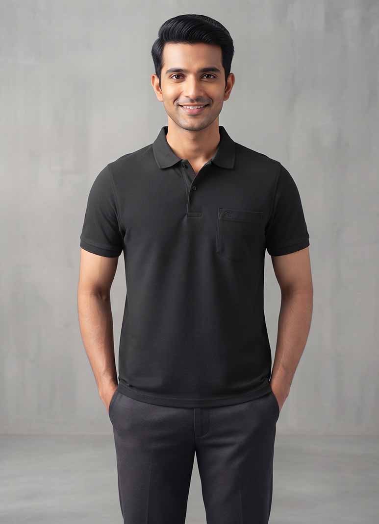 Men's black cotton polo t-shirt with embroidered chest pocket