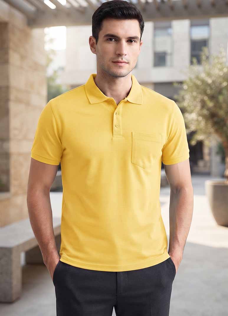 Men's mustard yellow cotton polo t-shirt with chest pocket