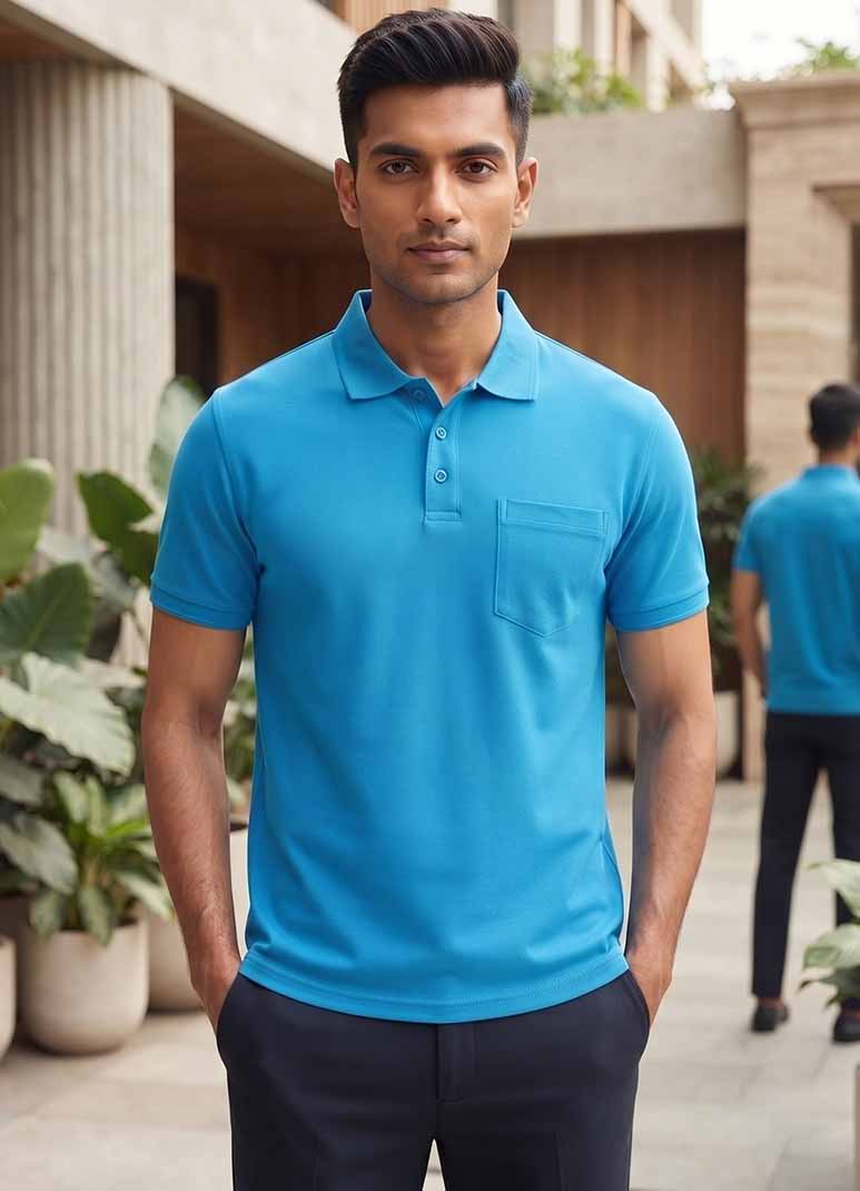 Men's cyan blue cotton polo t-shirt without pocket