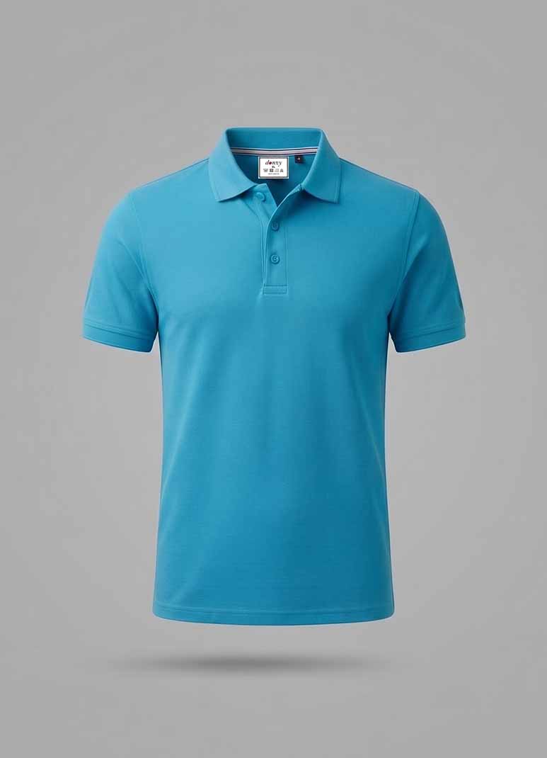 Men's cyan blue cotton polo t-shirt without pocket