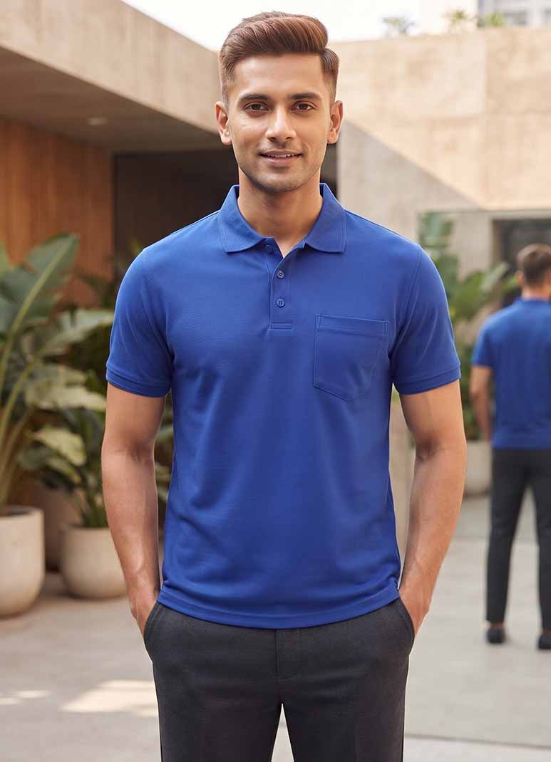 Men's royal blue cotton polo t-shirt with chest pocket