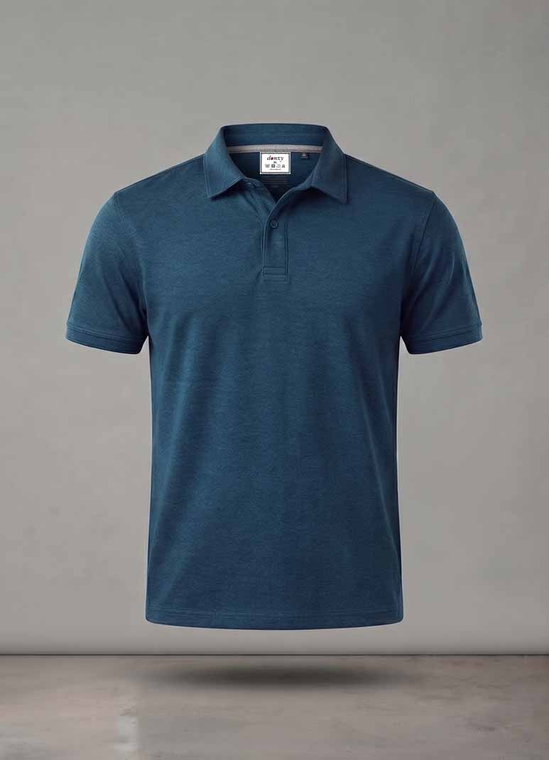 Men's petrol blue melange cotton polo t-shirt without pocket