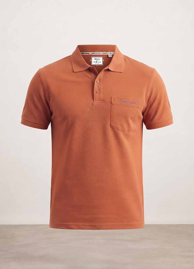 Men's rust orange cotton polo t-shirt with chest pocket