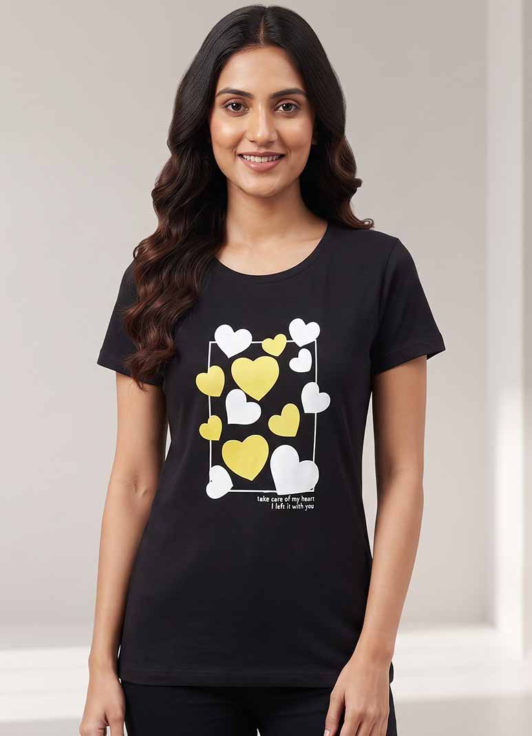 Women's black cotton t-shirt with heart foil print