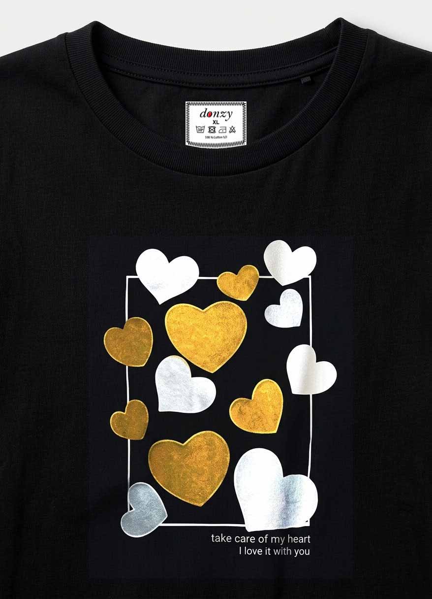 Women's black cotton t-shirt with heart foil print