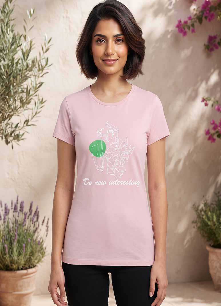 Women's pink cotton t-shirt with floral line art graphic print