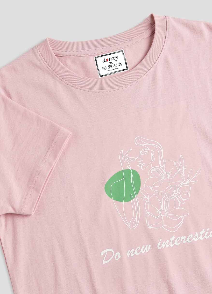Women's pink cotton t-shirt with floral line art graphic print