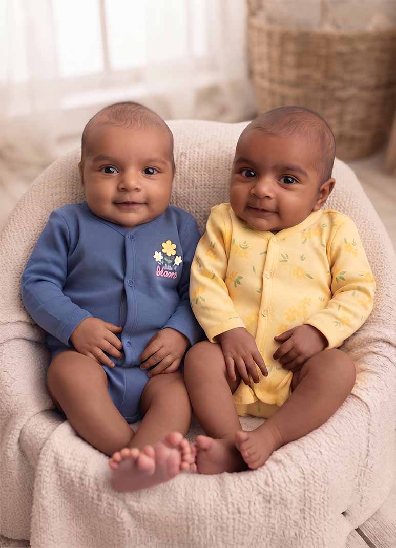 Baby cotton jabla romper set with floral print in blue and yellow