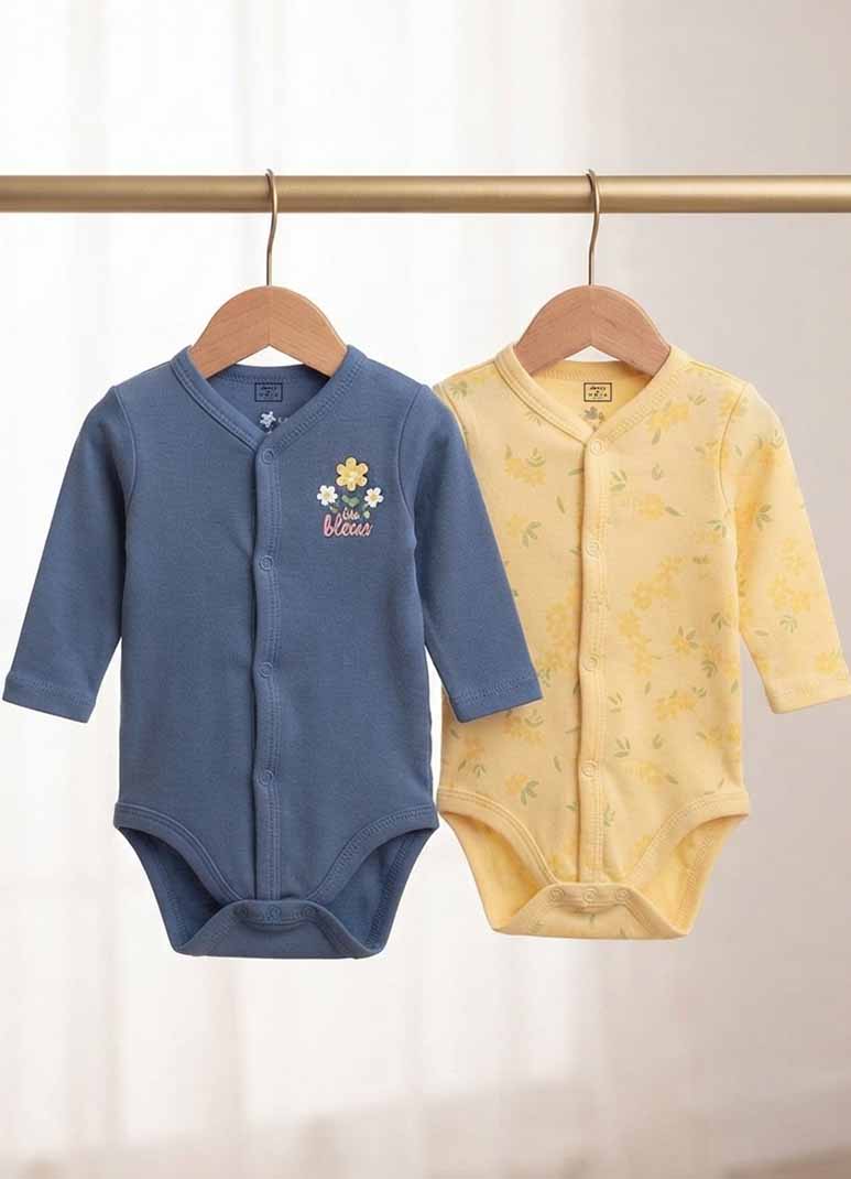 Baby cotton jabla romper set with floral print in blue and yellow