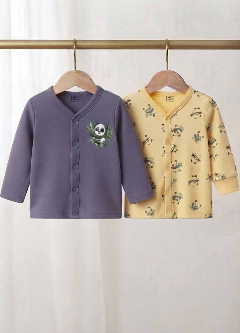 Baby cotton jabla romper set with panda print in blue-grey and yellow