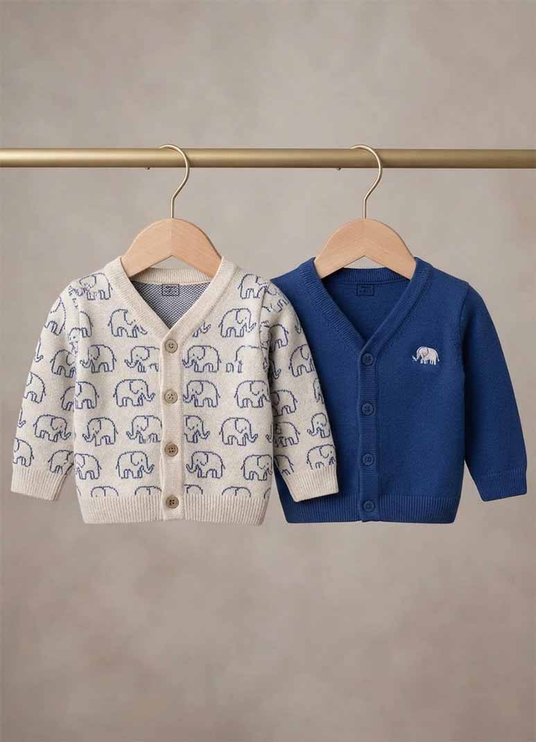 Baby cotton knit cardigan with elephant print in beige and navy