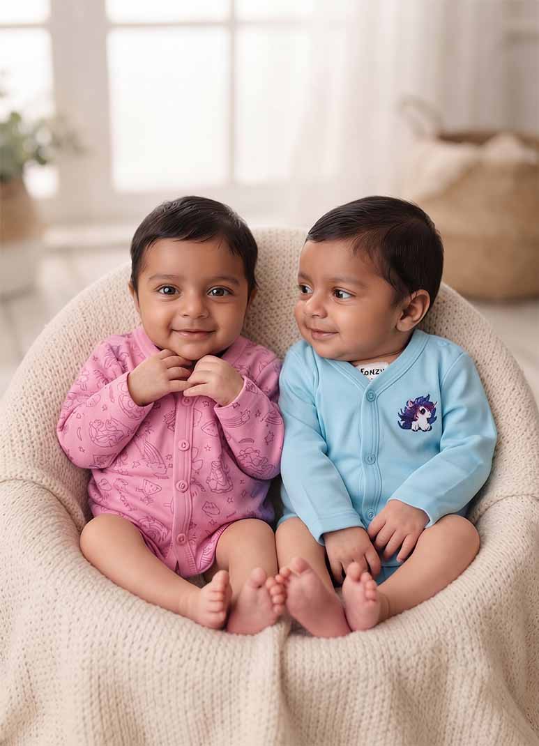 Baby cotton jabla romper set with unicorn print in pink and sky blue