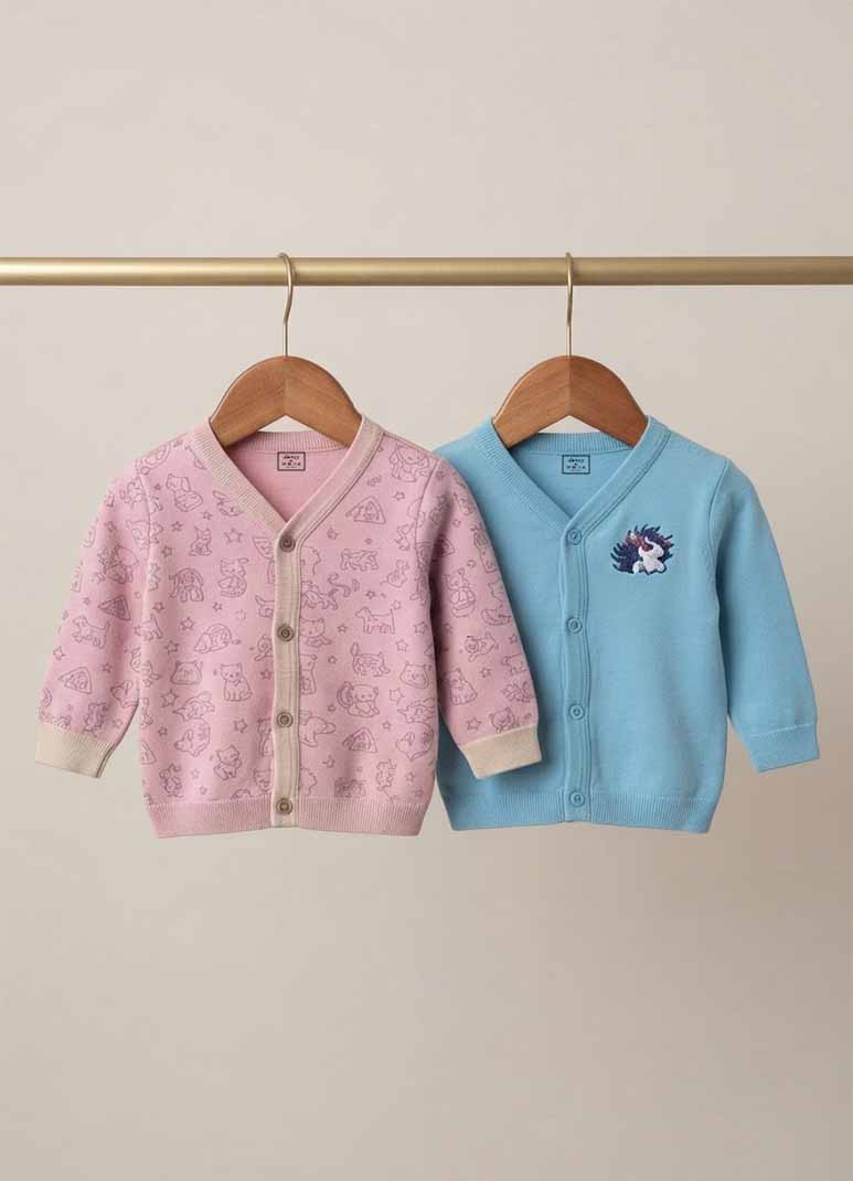 Baby cotton jabla romper set with unicorn print in pink and sky blue