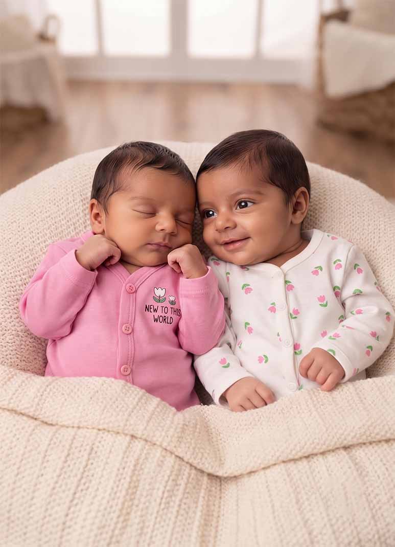 Baby cotton jabla romper set with tulip print in pink and white