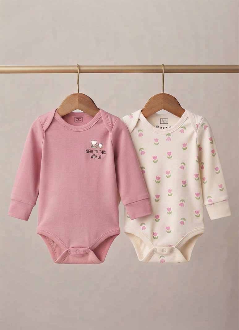 Baby cotton jabla romper set with tulip print in pink and white
