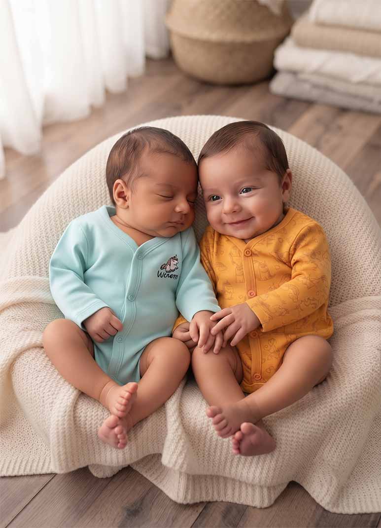 Baby cotton jabla romper set with unicorn print in mint green and mustard yellow