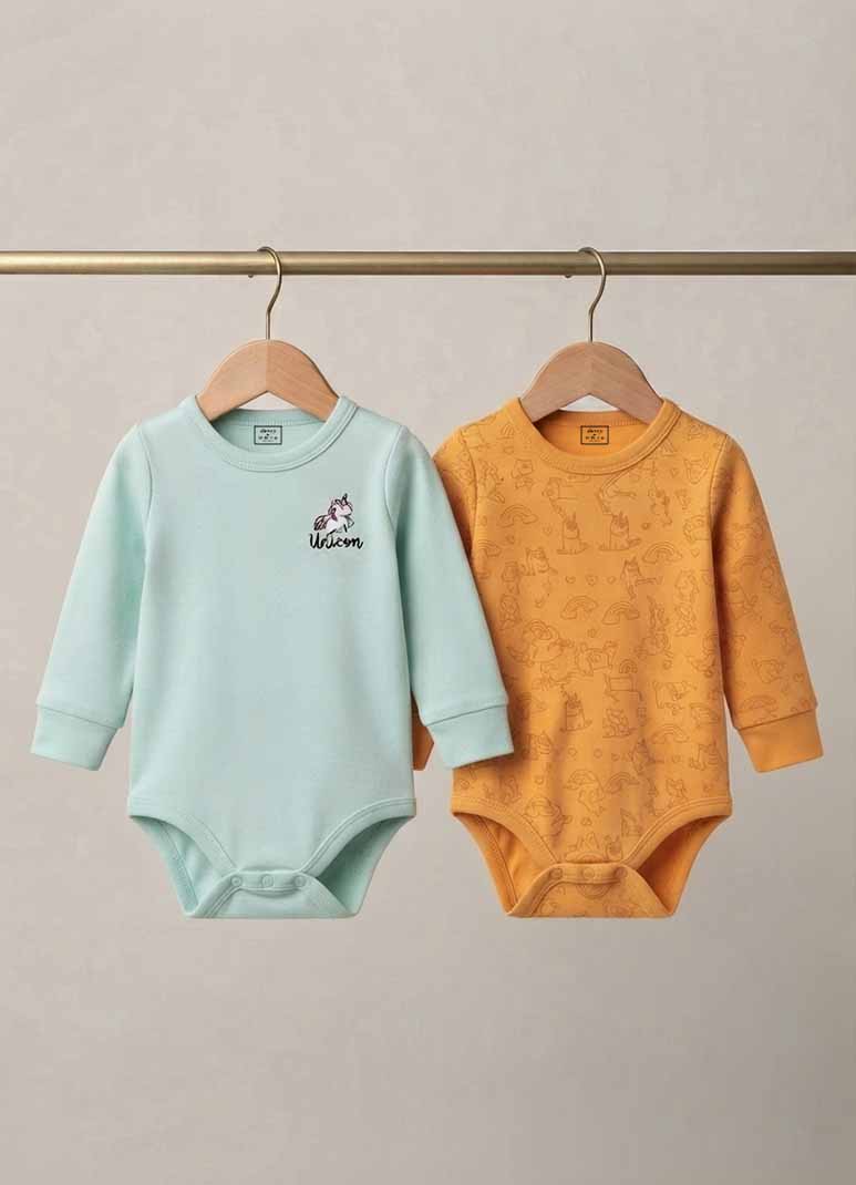 Baby cotton jabla romper set with unicorn print in mint green and mustard yellow