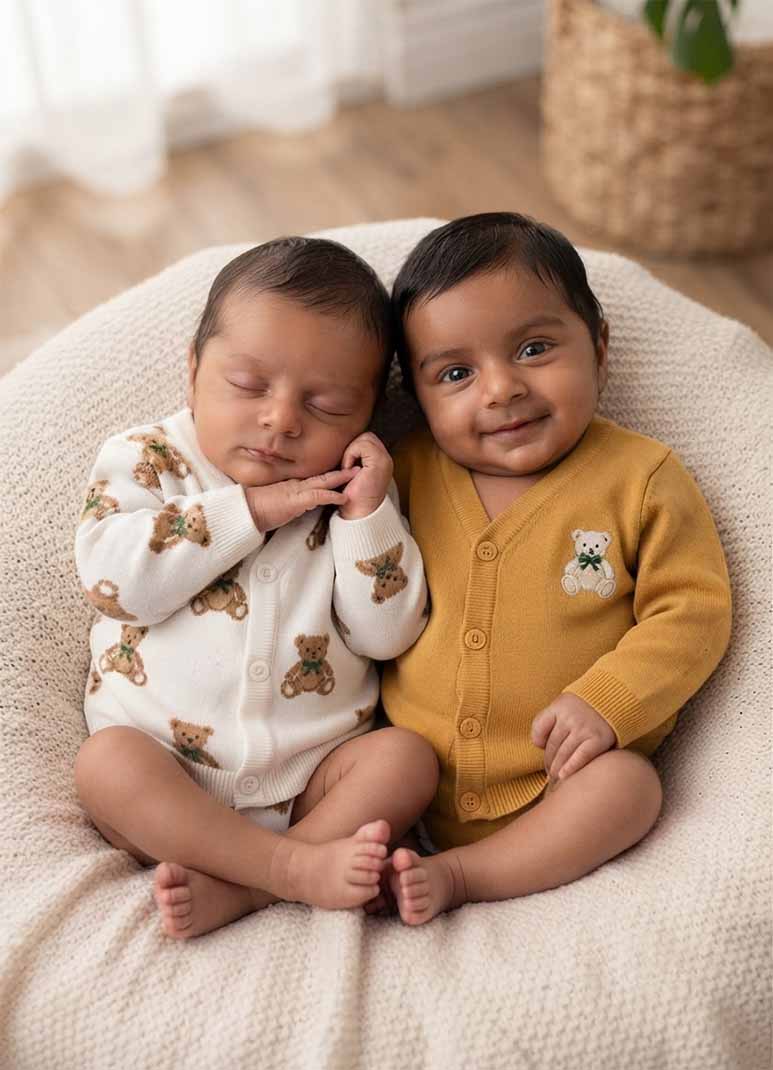 Baby cotton knit cardigan with teddy bear print in ivory and mustard