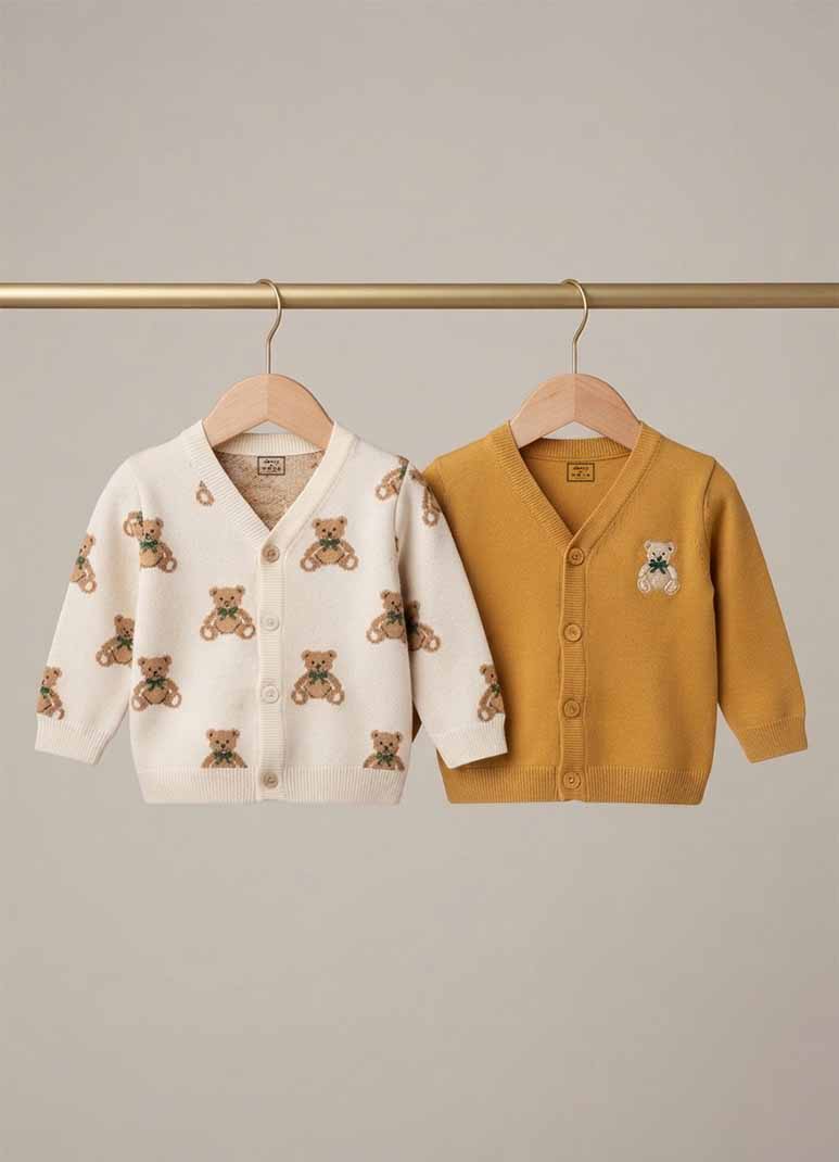 Baby cotton knit cardigan with teddy bear print in ivory and mustard