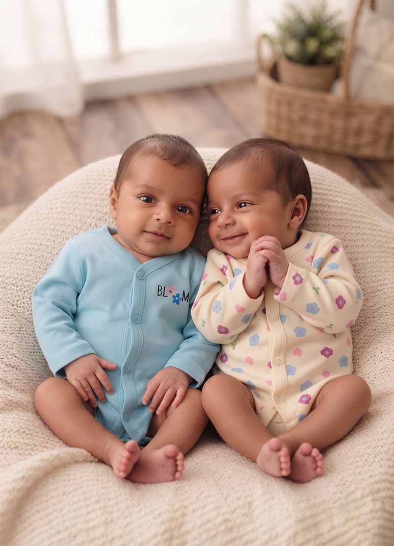 Baby cotton jabla romper set with bloom floral print in sky blue and ivory