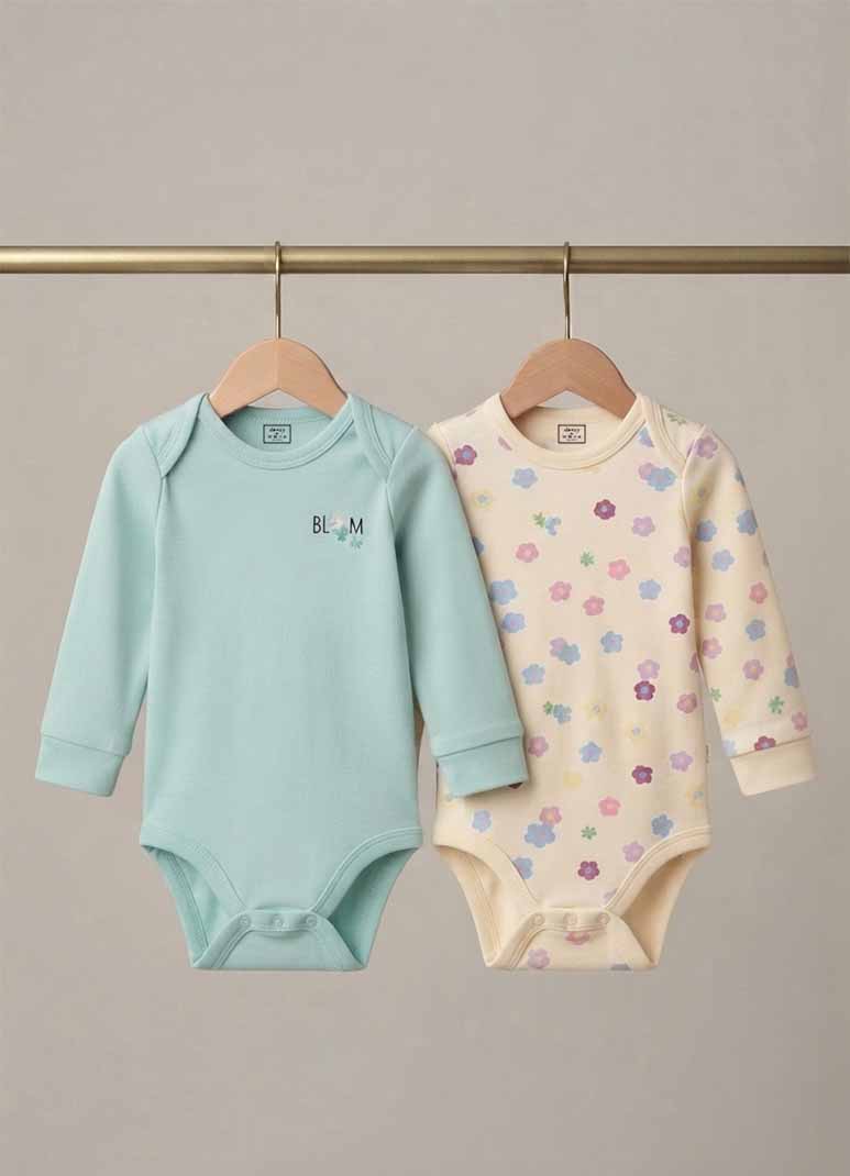 Baby cotton jabla romper set with bloom floral print in sky blue and ivory