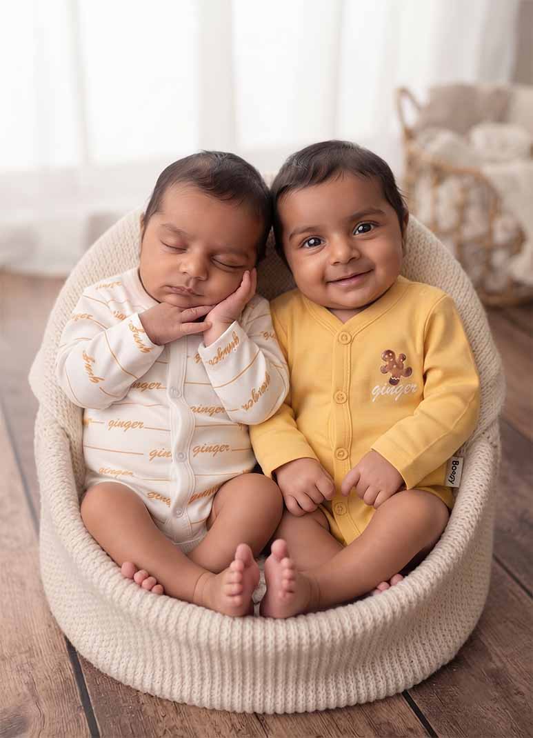 Baby cotton jabla romper set with ginger typography print in ivory and yellow