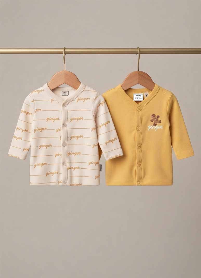 Baby cotton jabla romper set with ginger typography print in ivory and yellow