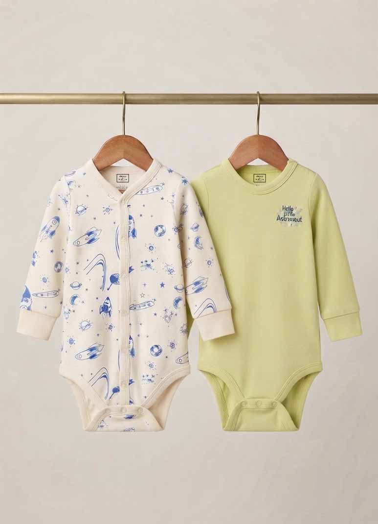 Baby cotton jabla romper set with space print in white and green