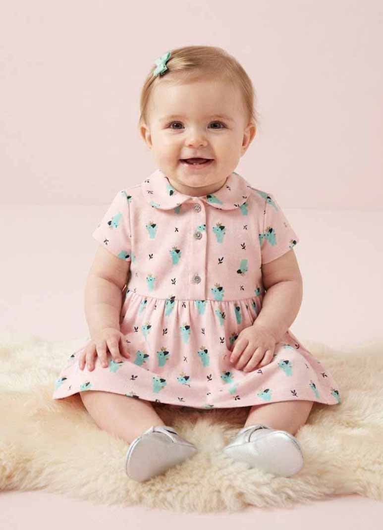 Girls pink cotton frock with cactus print and Peter Pan collar
