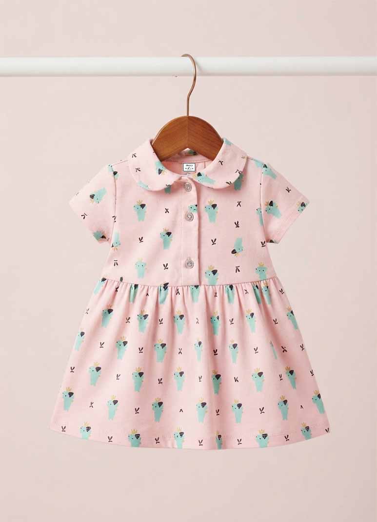 Girls pink cotton frock with cactus print and Peter Pan collar